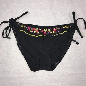 Hobie Size Medium Black With Floral Stitching Design Side Ties Bikini Bottom.